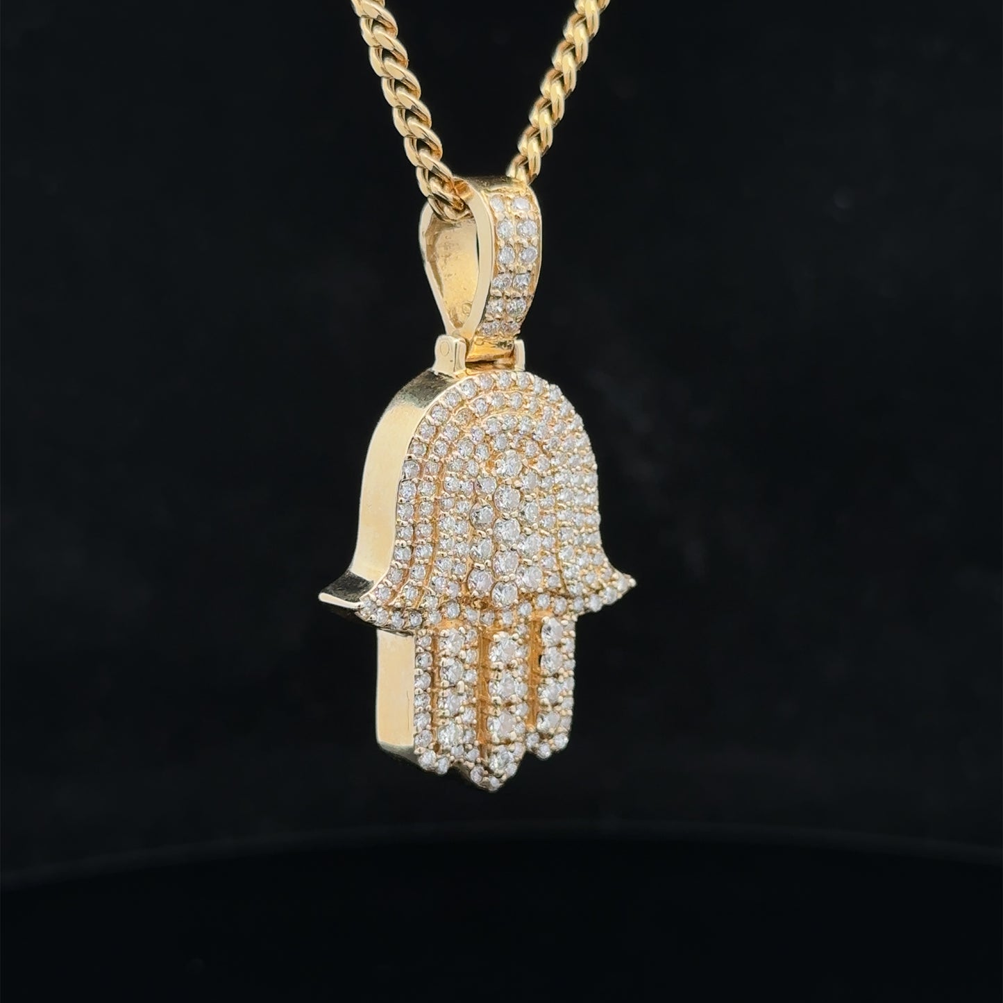 14k yellow gold and diamond Hamsa pendant and 14k yellow gold cuban link chain