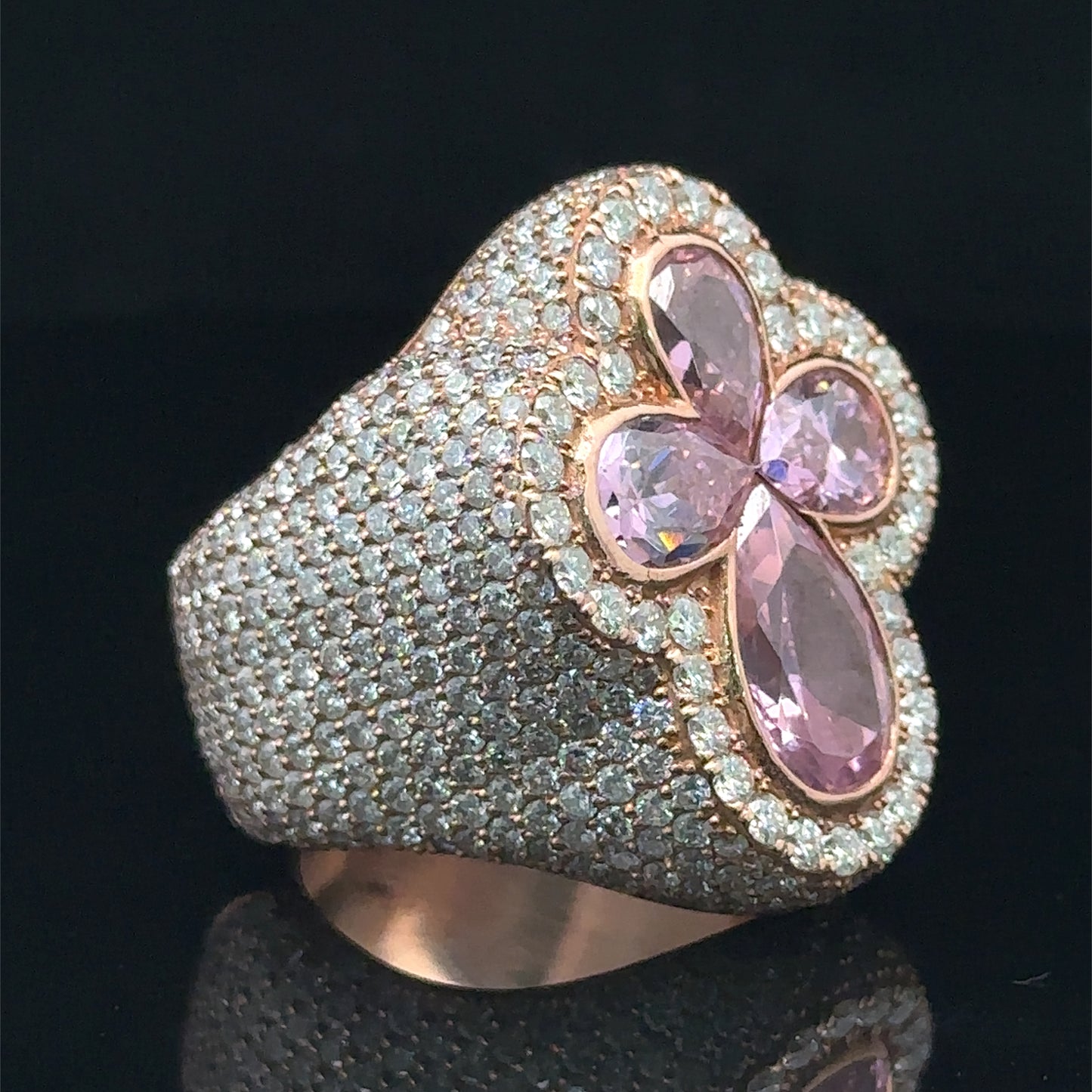 Rose gold and diamond Cross Ring with Pink Fancy Pear Cut Colored Stones