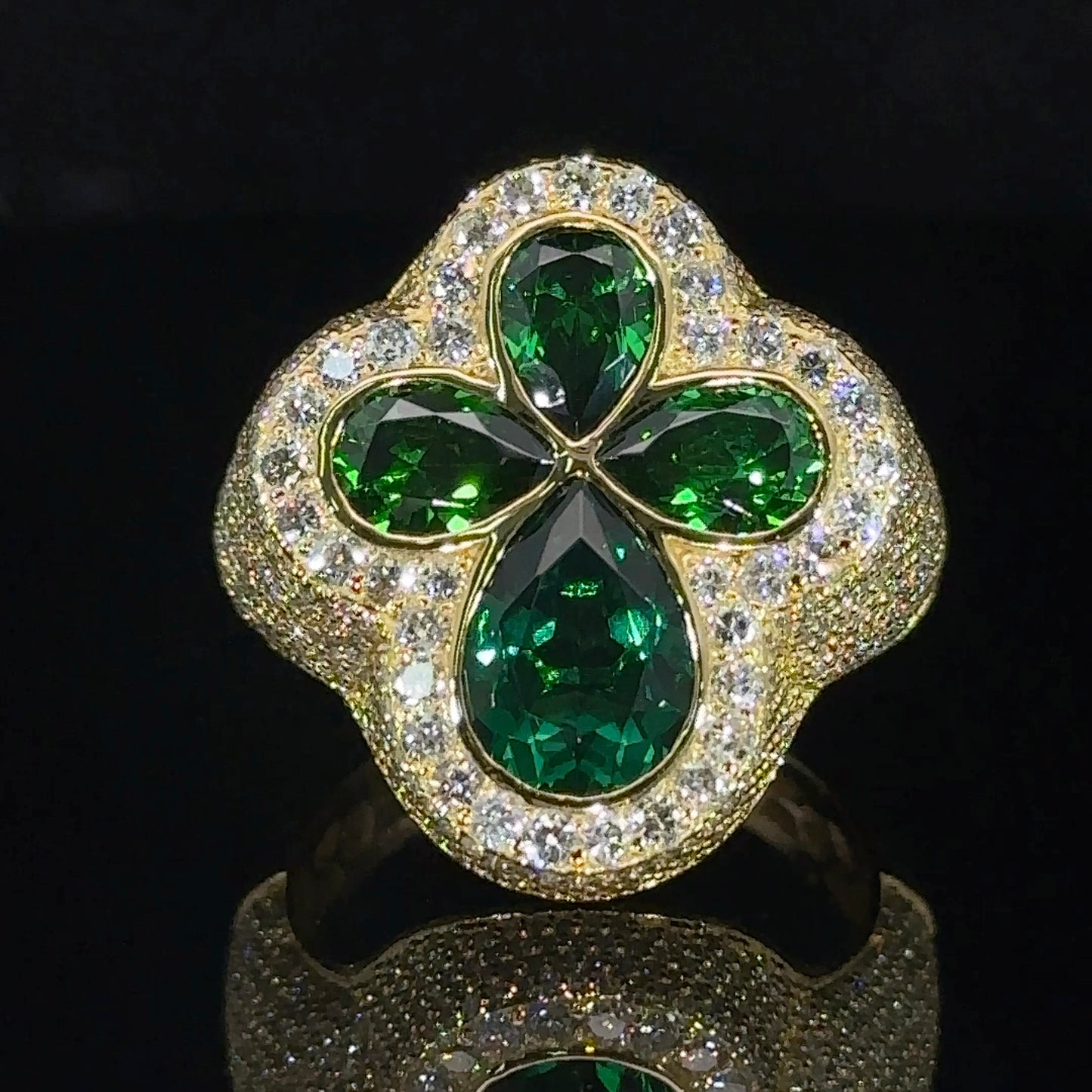 Yellow gold and diamond Cross Ring with Green Fancy Pear Cut  Gem Stones