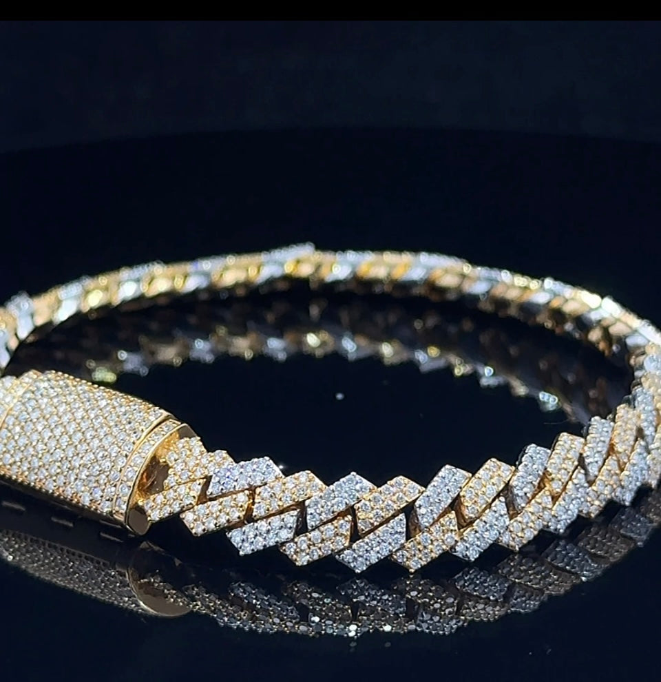 14k Two-Tone: White and Yellow Gold and 4.75ct Diamond Miami Cuban Bracelet (Solid, Box Clasp)