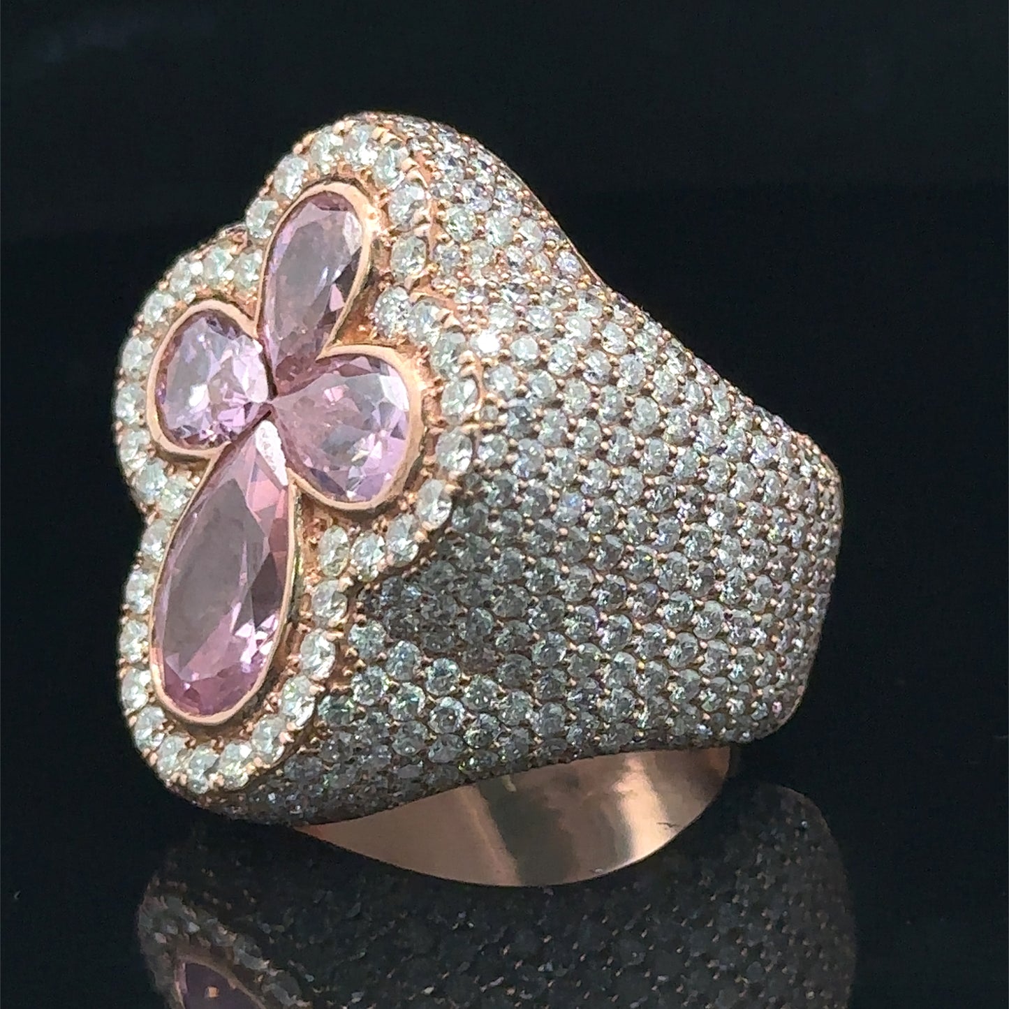 Rose gold and diamond Cross Ring with Pink Fancy Pear Cut Colored Stones