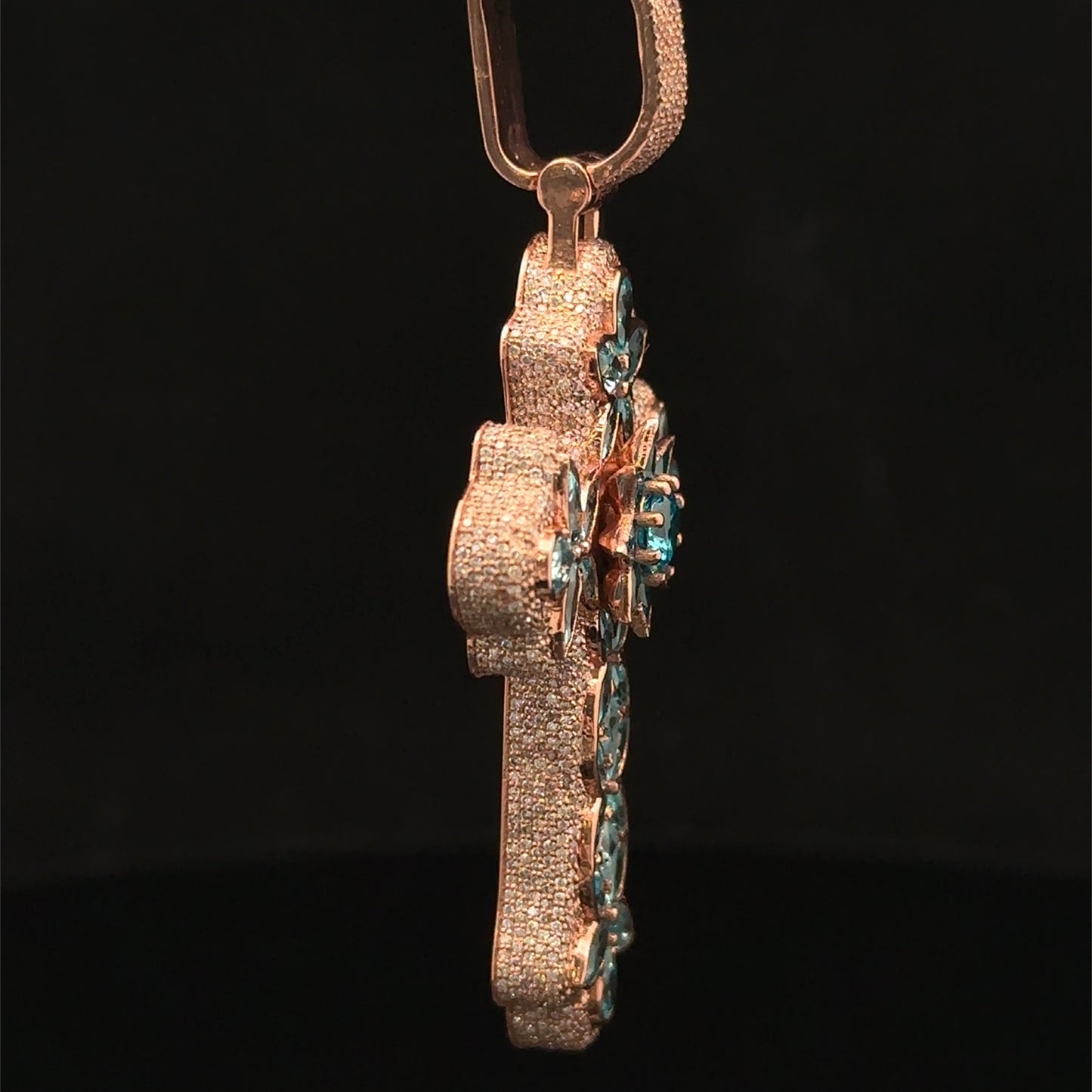 10K Rose Gold Cross Pendant with Diamonds & Multicolored Stones