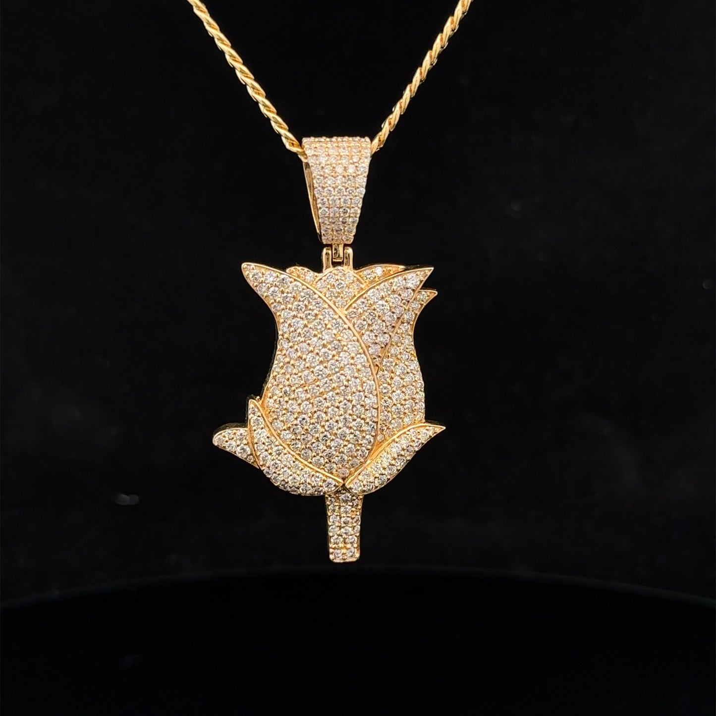 14k yellow gold and diamond Rose pendant and 14k gold cuban link chain