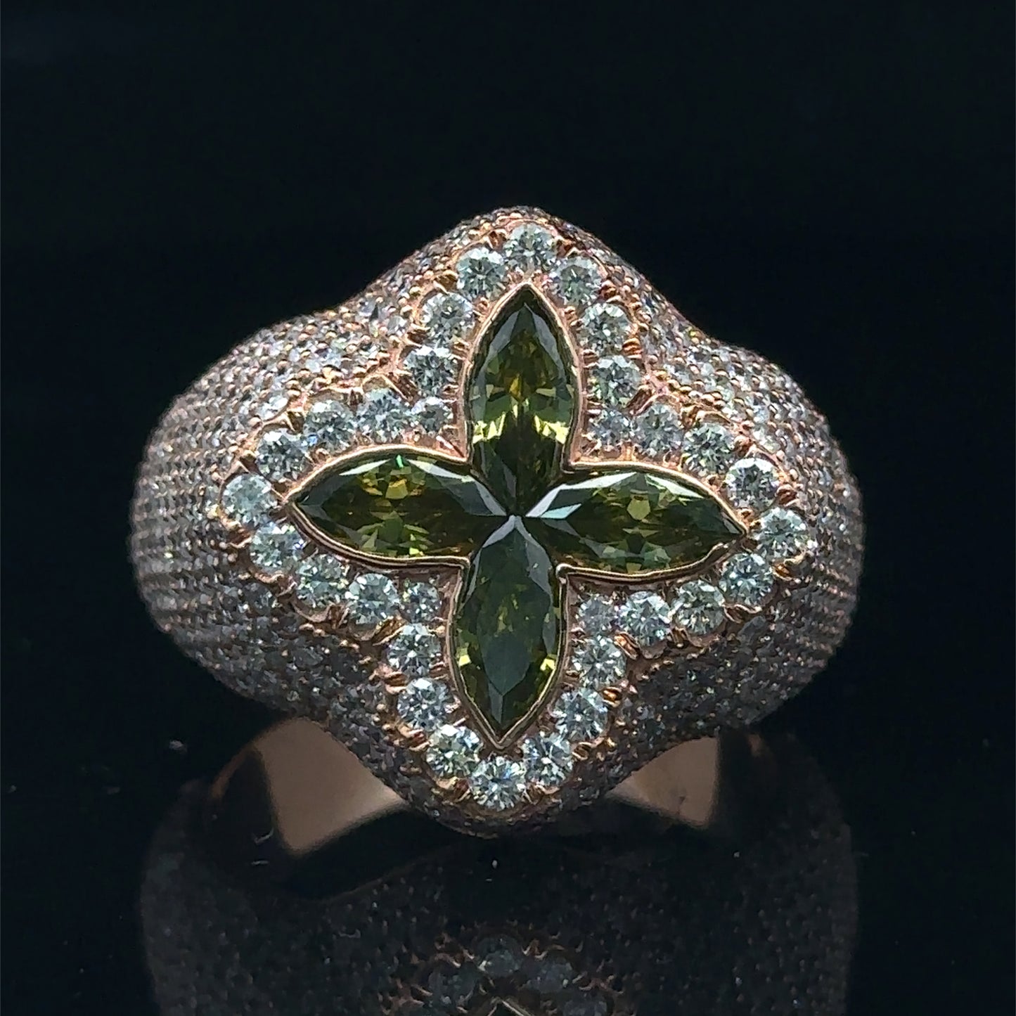 Rose gold and diamond Ring with Green Fancy Cut Colored Stones