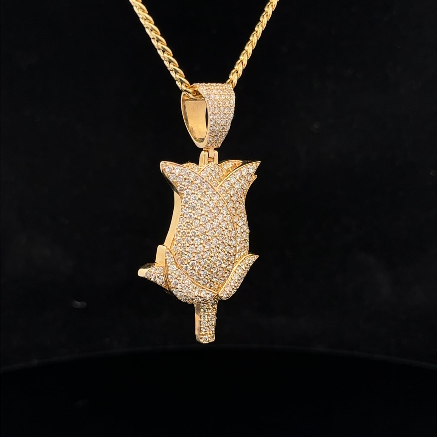 14k yellow gold and diamond Rose pendant and 14k gold cuban link chain