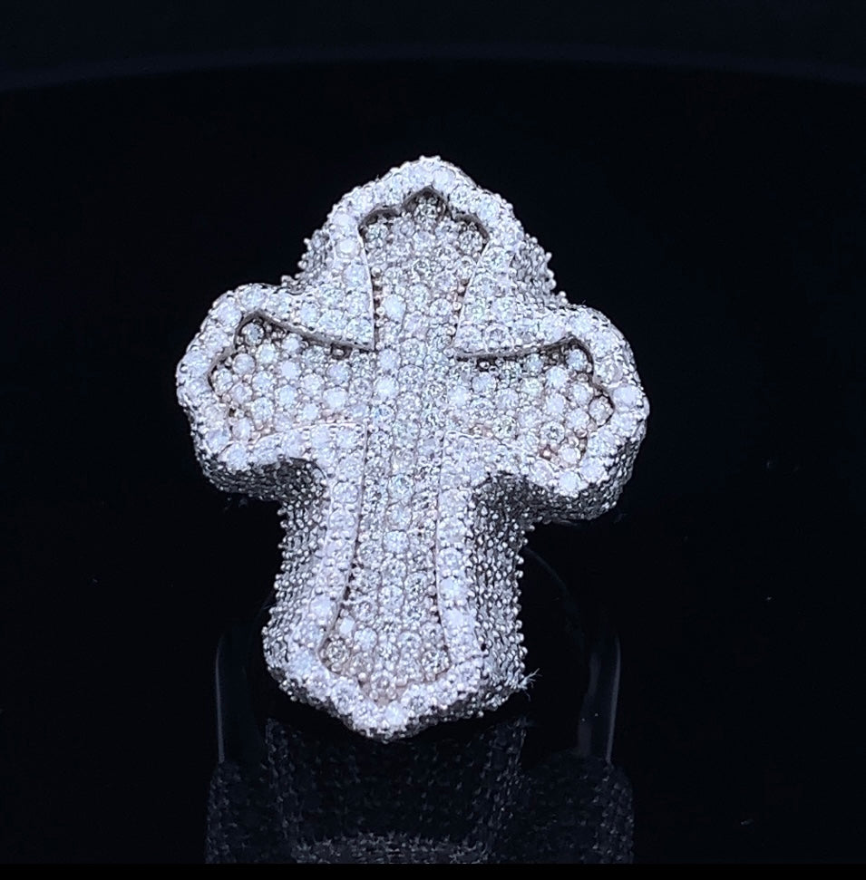 14k White Gold Solid, Iced out Custom Made Cross Ring with High Quality 4.50ct Diamonds