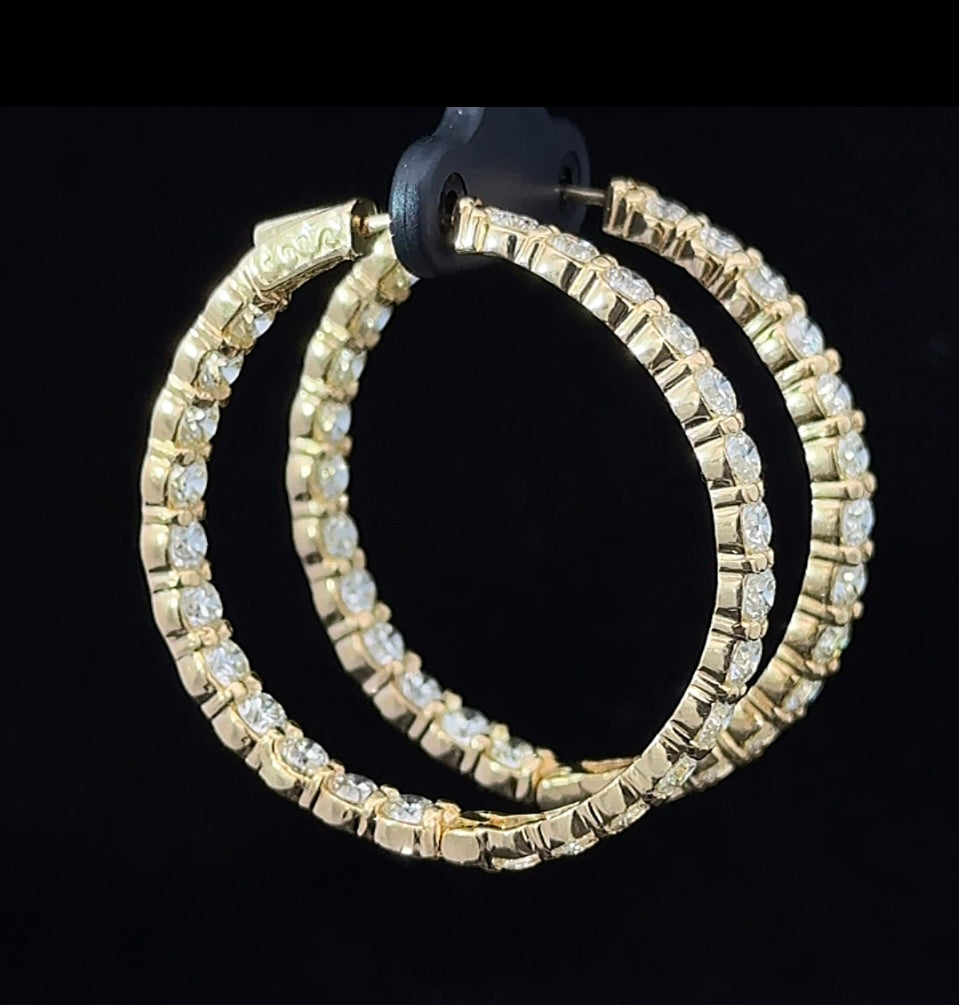 14k Yellow Gold and Diamond Hoop Earrings with High clarity of 9.65ct, 18-19pt Diamonds