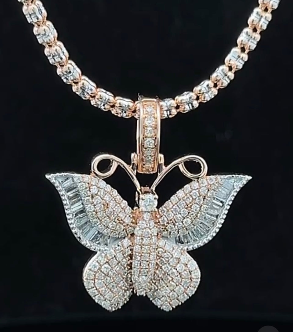 14k gold and diamond Butterfly pendant and 10k Gold Ice Link Chain