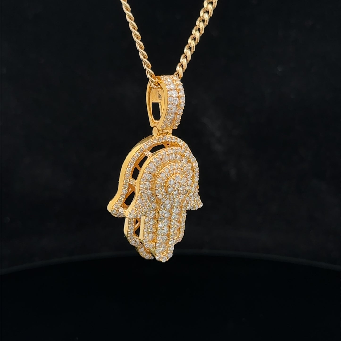 14k yellow gold and diamond Hamsa pendant and 14k yellow gold cuban link chain