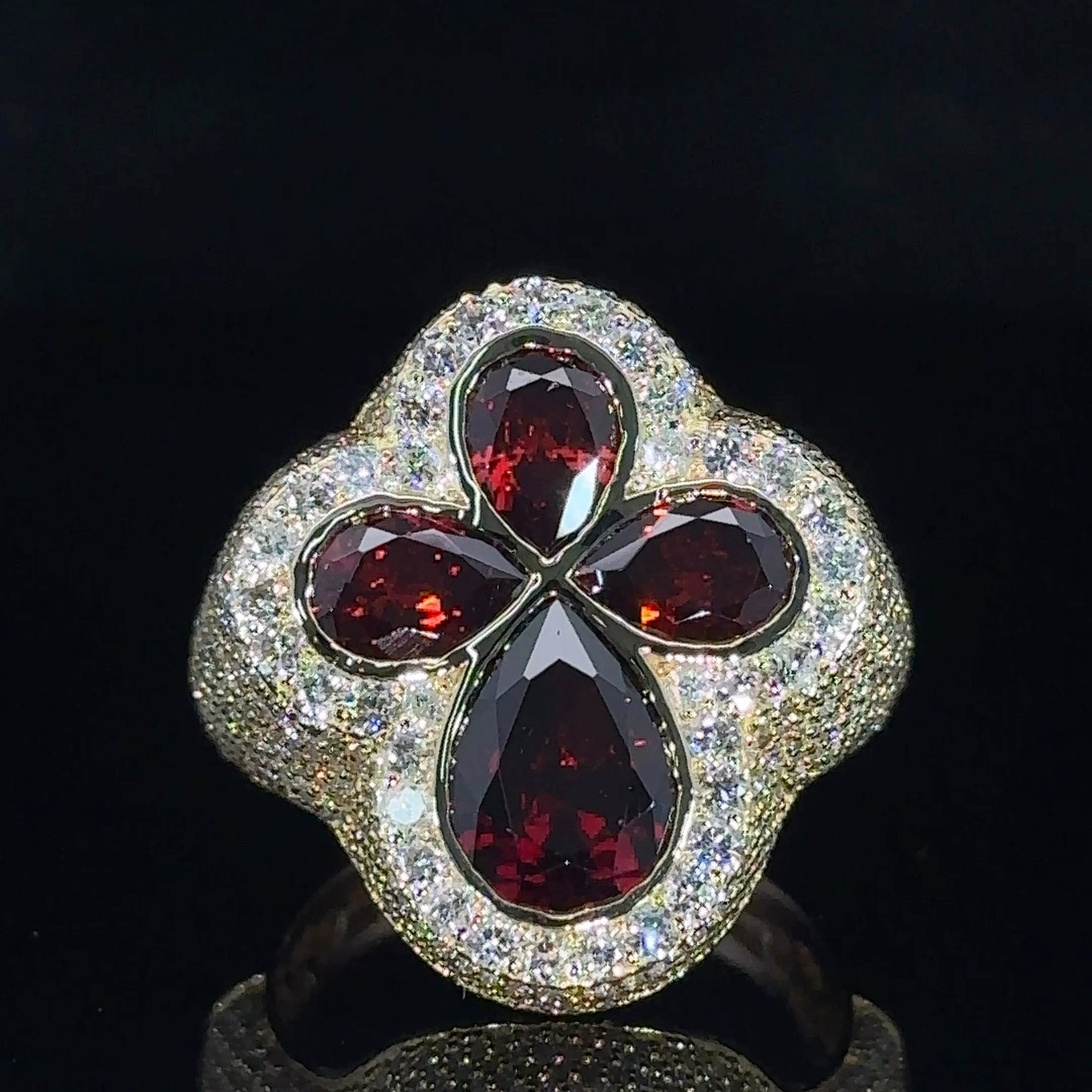 Yellow gold and diamond Cross Ring with Burgundy Fancy Pear Cut  Gem Stones