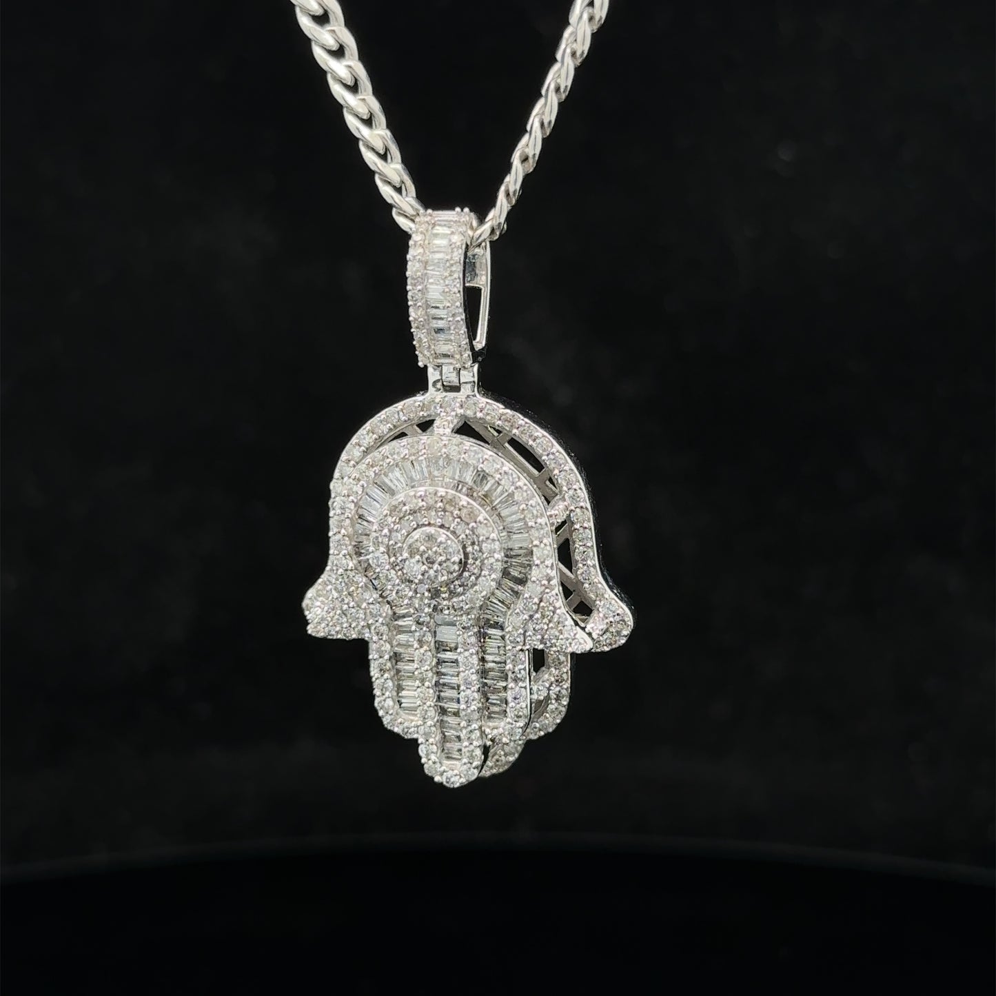 14k white gold and diamond Hamsa pendant and 14k white gold cuban link chain