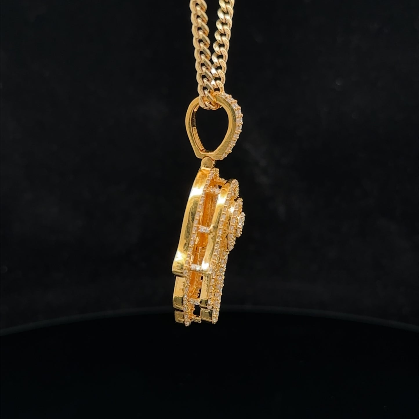 14k yellow gold and diamond Hamsa pendant and 14k yellow gold cuban link chain