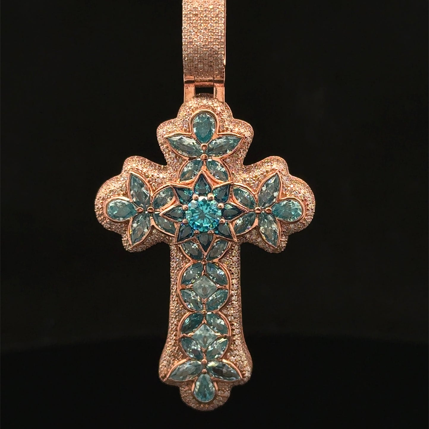 10K Rose Gold Cross Pendant with Diamonds & Multicolored Stones