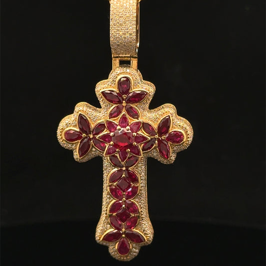 10K Yellow Gold Cross Pendant with Diamonds & Multicolored Stones