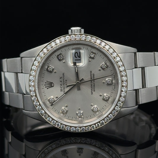 34mm Rolex Diamond Watch with Stainless Steel Oyster Bracelet