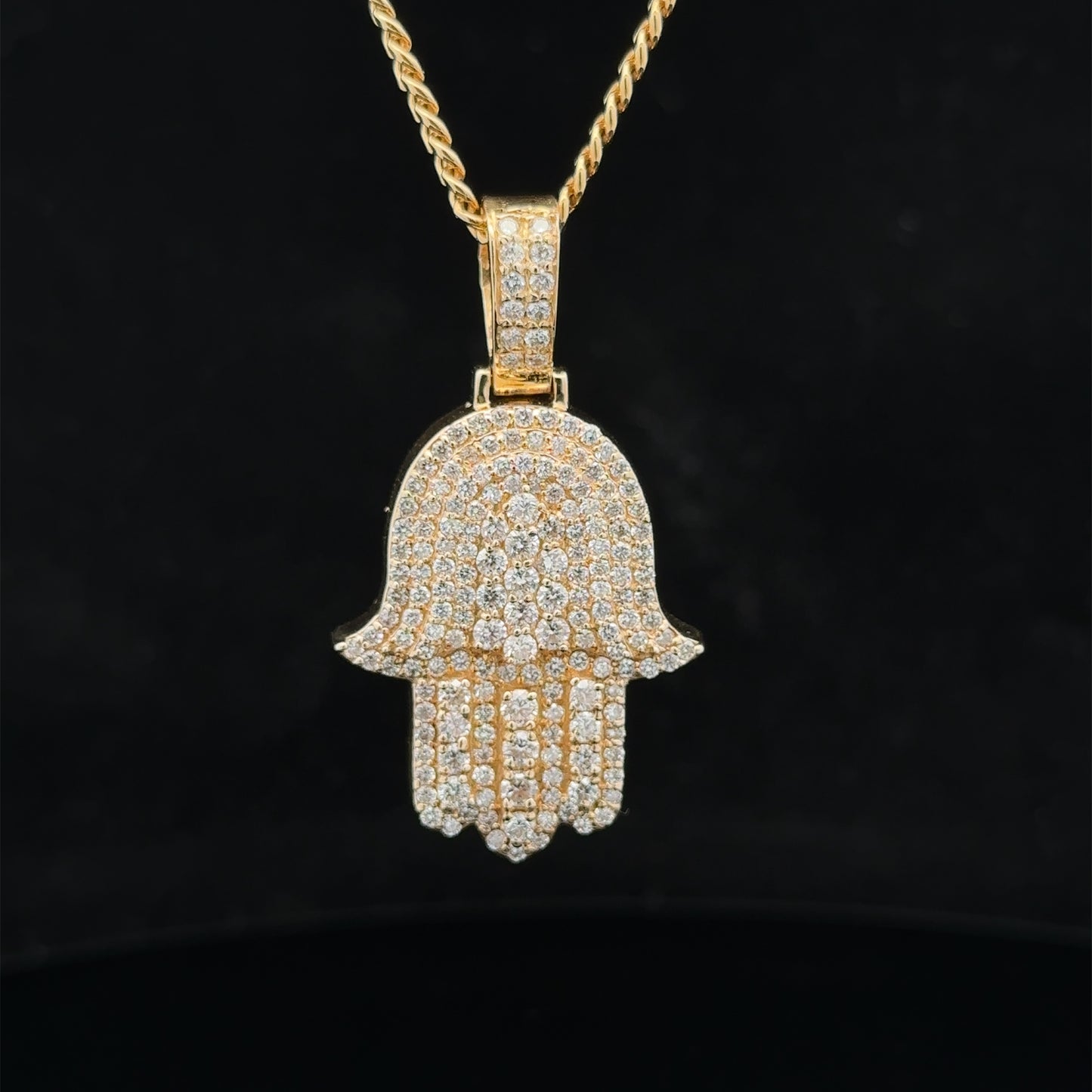 14k yellow gold and diamond Hamsa pendant and 14k yellow gold cuban link chain