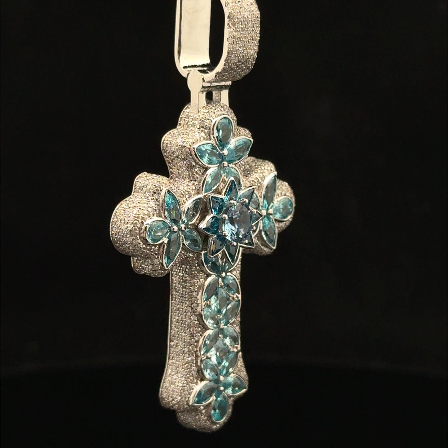 10K White Gold Cross Pendant with Diamonds & Multicolored Stones