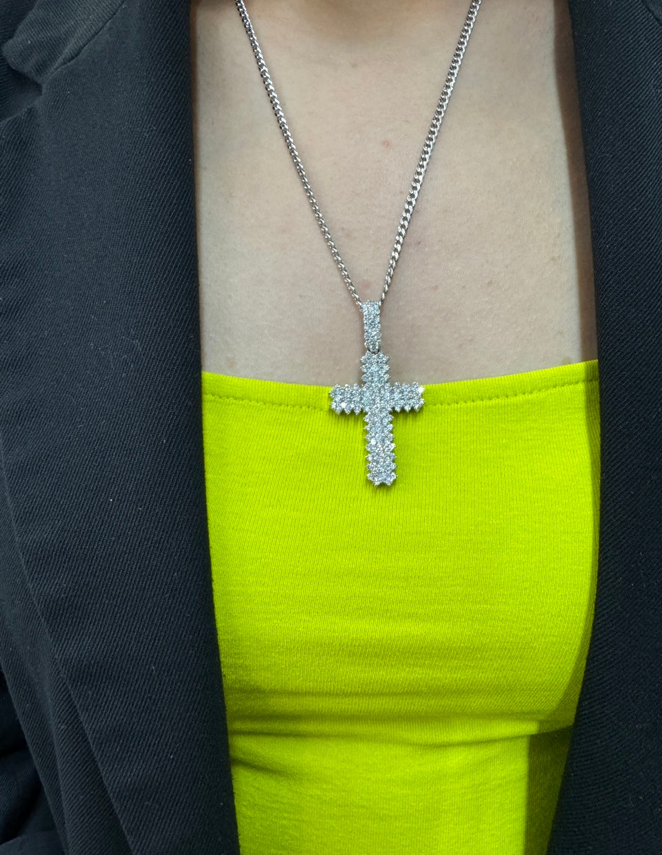 14k white gold and diamond Cross pendant and 10k gold cuban link chain