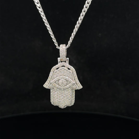 14k white gold and diamond Hamsa pendant and 14k white gold cuban link chain