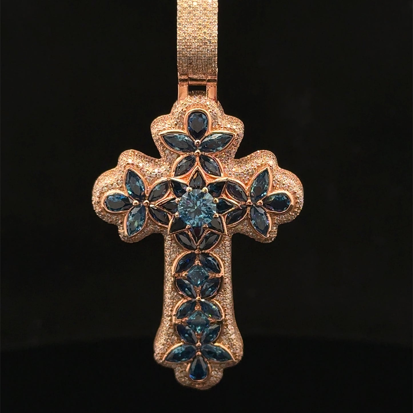 10K Rose Gold Cross Pendant with Diamonds & Multicolored Stones