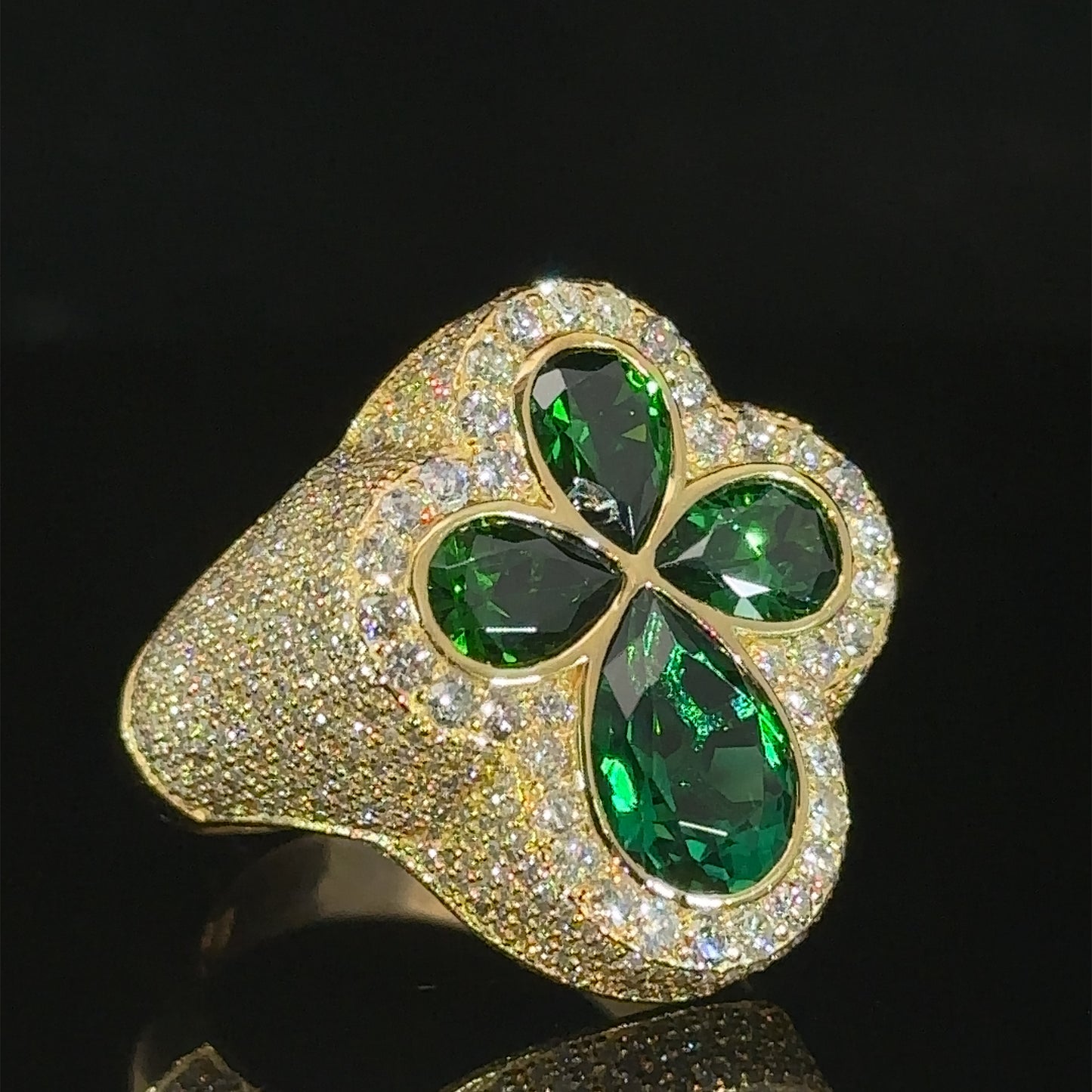 Yellow gold and diamond Cross Ring with Green Fancy Pear Cut  Gem Stones