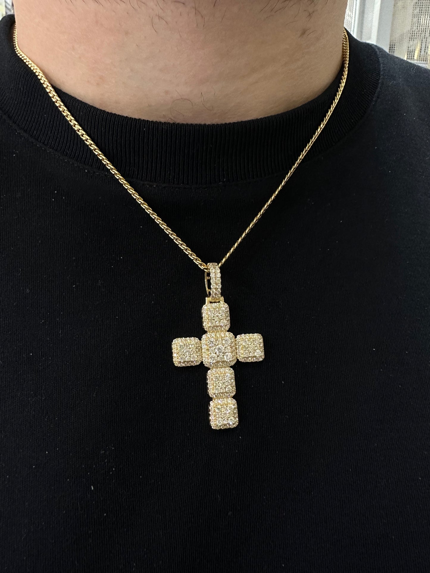 14k yellow gold and diamond Cross pendant and 14k yellow gold cuban link chain