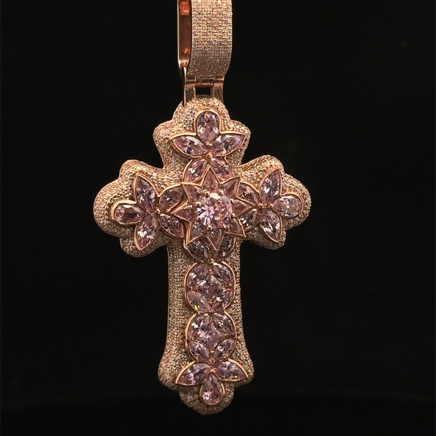 10K Rose Gold Cross Pendant with Diamonds & Multicolored Stones