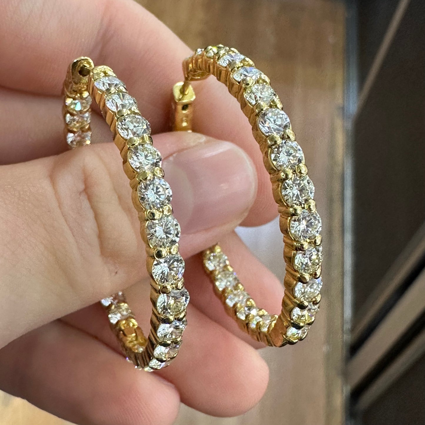 14k Yellow Gold and Diamond Hoop Earrings with High clarity of 9.65ct, 18-19pt Diamonds