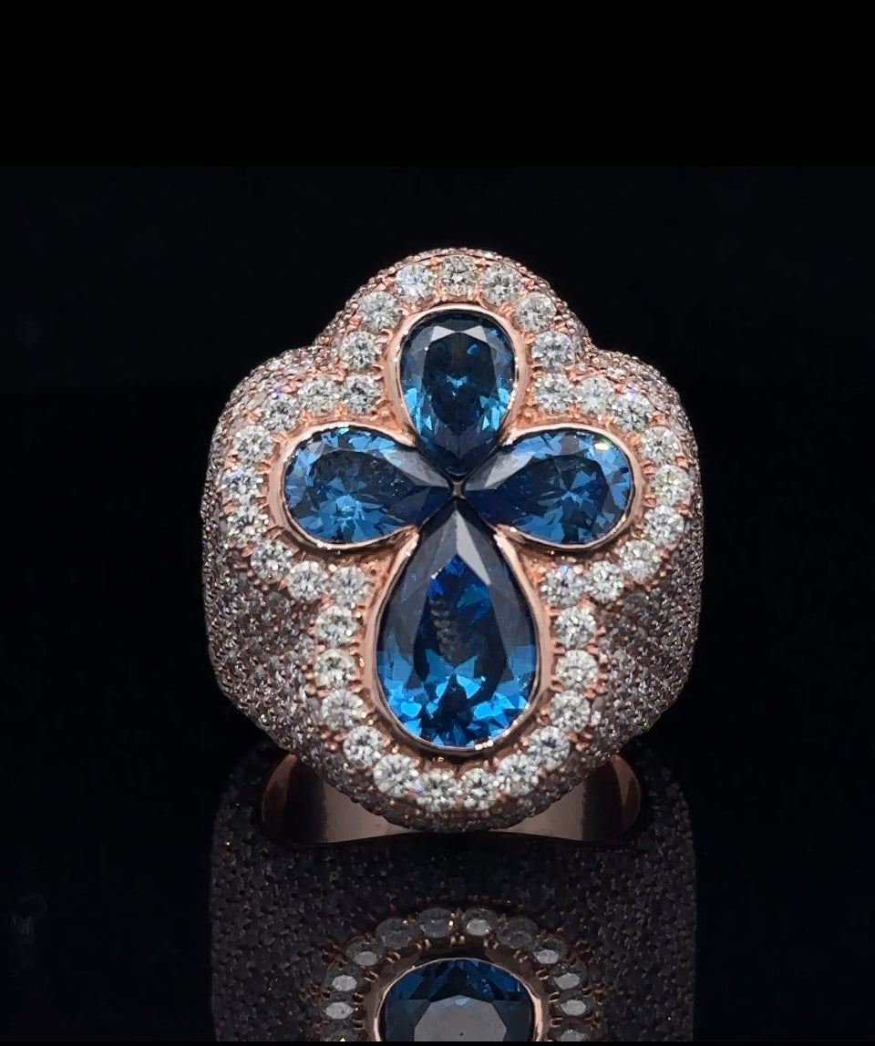 14k Rose gold and diamond Cross Ring with Fancy Blue Cut Pear Gem Stones
