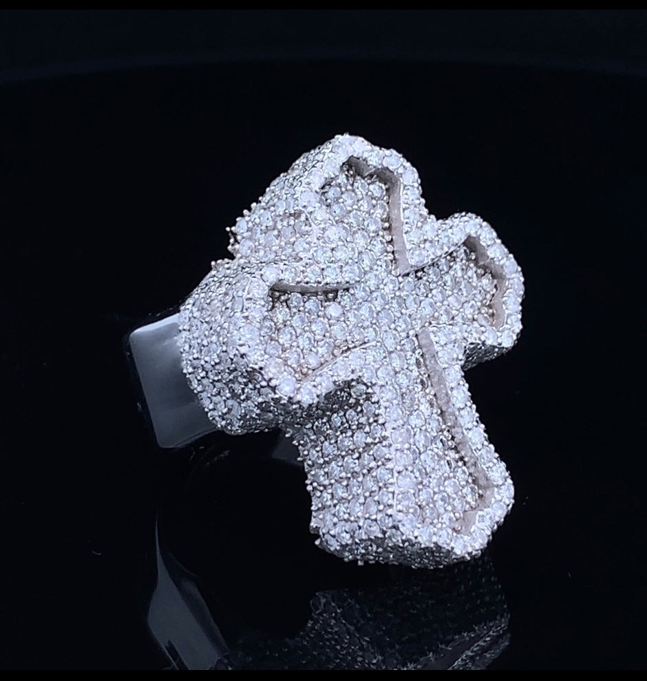 14k White Gold Solid, Iced out Custom Made Cross Ring with High Quality 4.50ct Diamonds