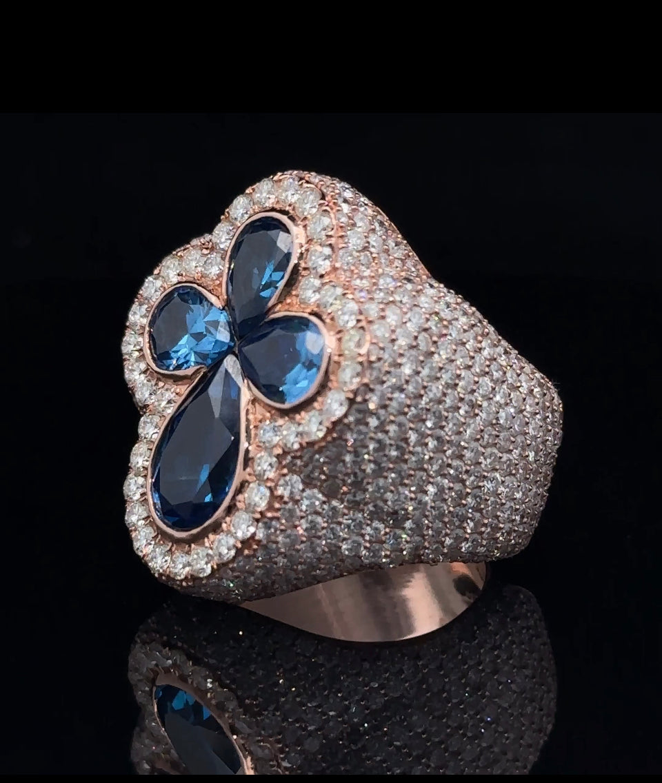 14k Rose gold and diamond Cross Ring with Fancy Blue Cut Pear Gem Stones