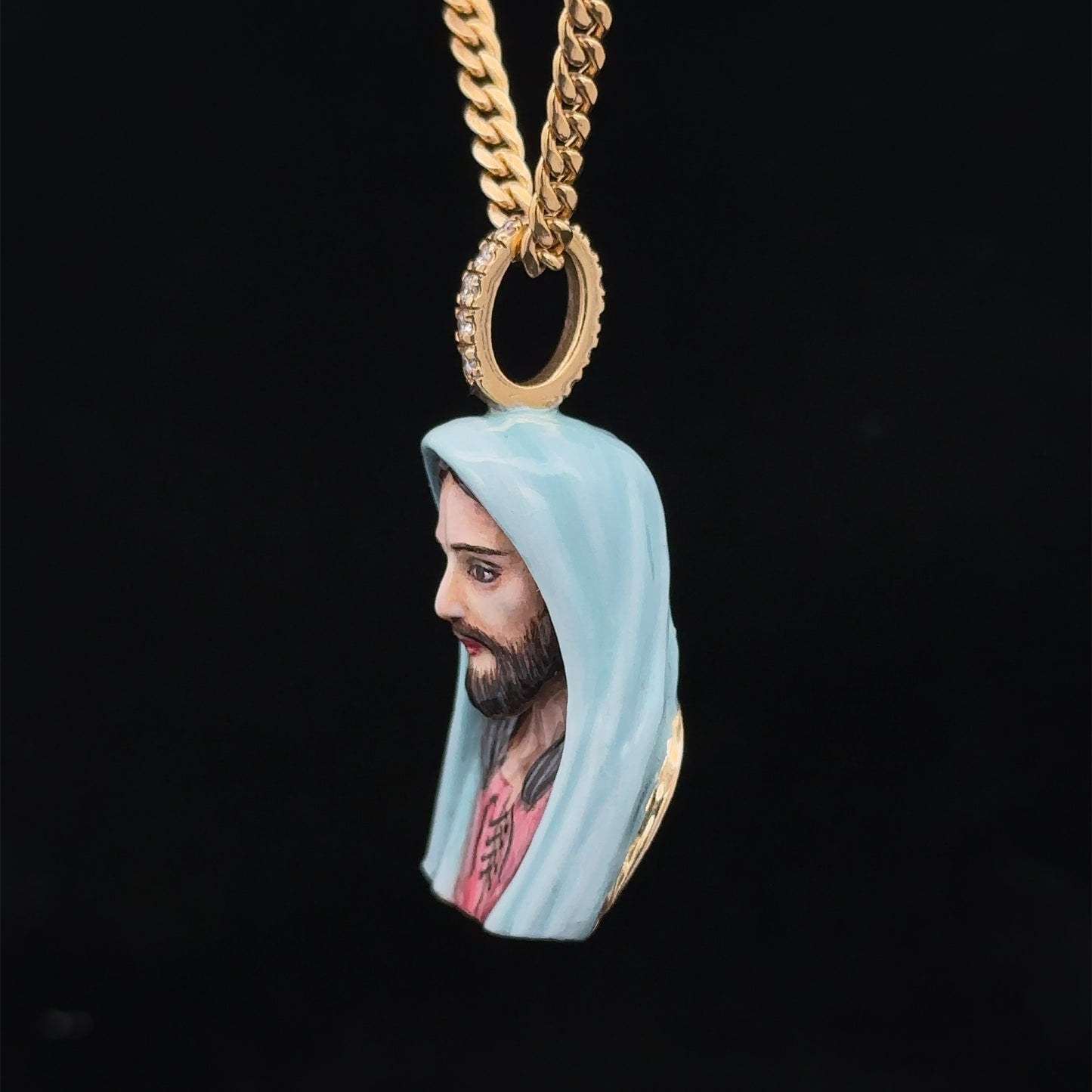 14k yellow gold and diamond Enamel Jesus Head Pendant