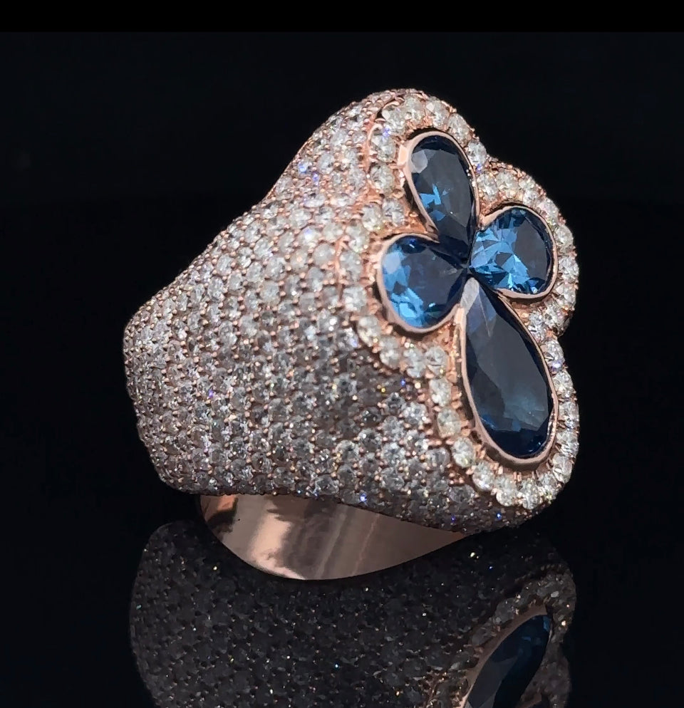 14k Rose gold and diamond Cross Ring with Fancy Blue Cut Pear Gem Stones
