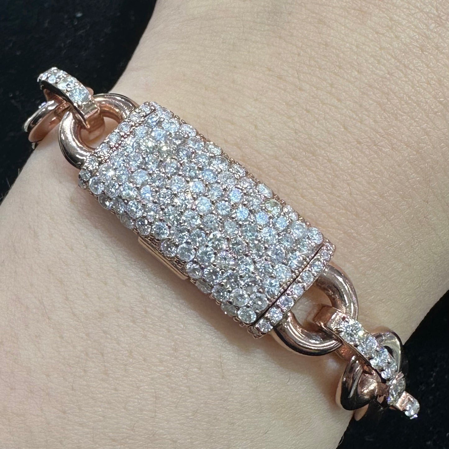 14k Rose Gold Solid Infinity Bracelet 70 grams with High Quality Jumbo 8.80ct Diamonds on Links and Iced out Diamond Lock