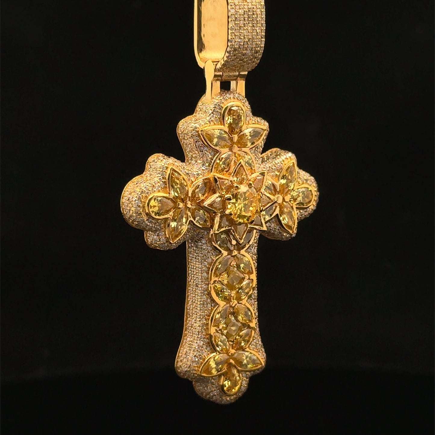 10K Yellow Gold Cross Pendant with Diamonds & Multicolored Stones