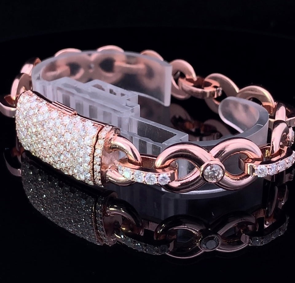 14k Rose Gold Solid Infinity Bracelet 70 grams with High Quality Jumbo 8.80ct Diamonds on Links and Iced out Diamond Lock