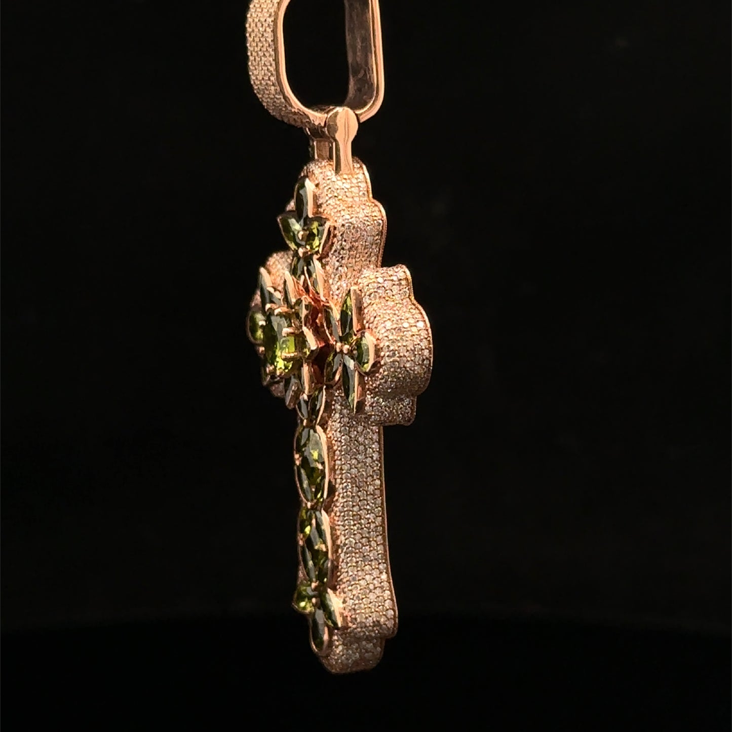 10K Rose Gold Cross Pendant with Diamonds & Multicolored Stones