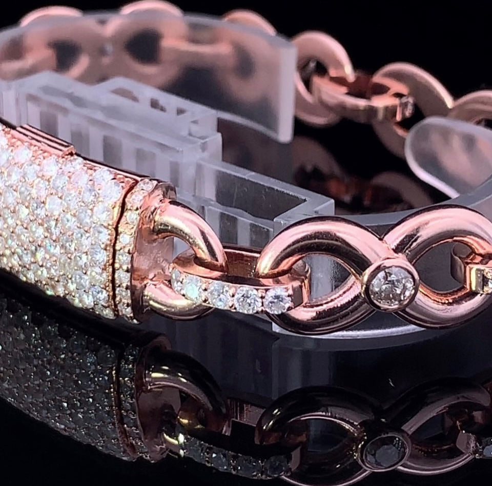 14k Rose Gold Solid Infinity Bracelet 70 grams with High Quality Jumbo 8.80ct Diamonds on Links and Iced out Diamond Lock