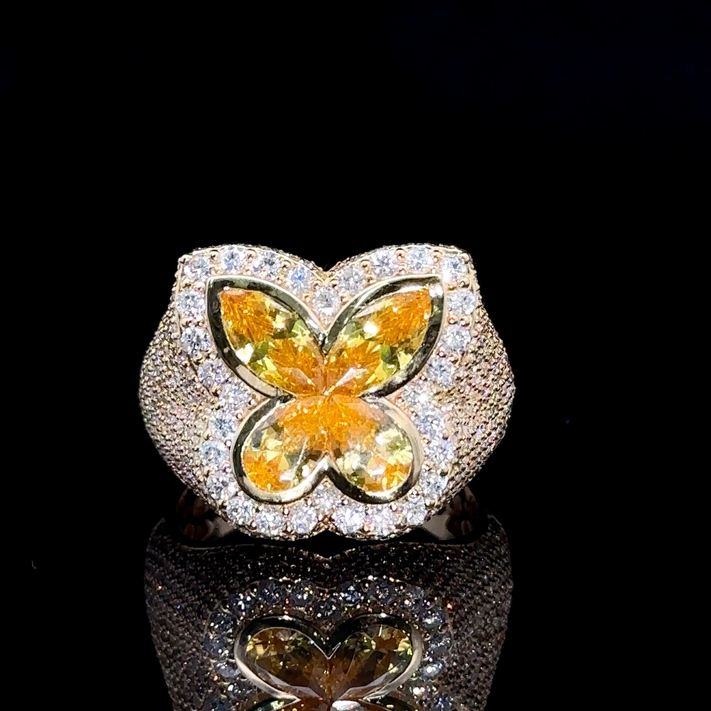 Yellow gold and Diamond butterfly Ring with Yellow Fancy Pear Cut  Gem Stones