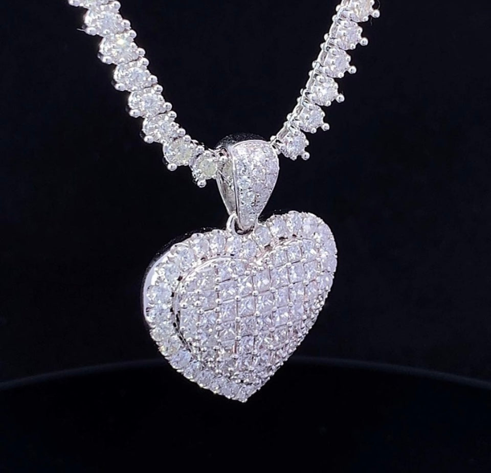 14k White Gold and Diamond Necklace & Heart Shape Pendant Set