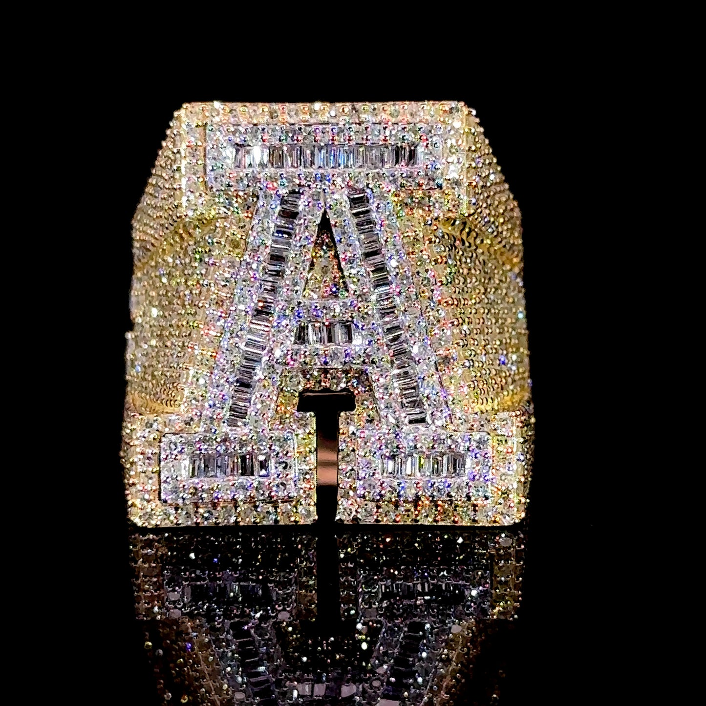 10k Two toneYellow/White Gold Initial A Ring with Round and Baguettes Diamonds