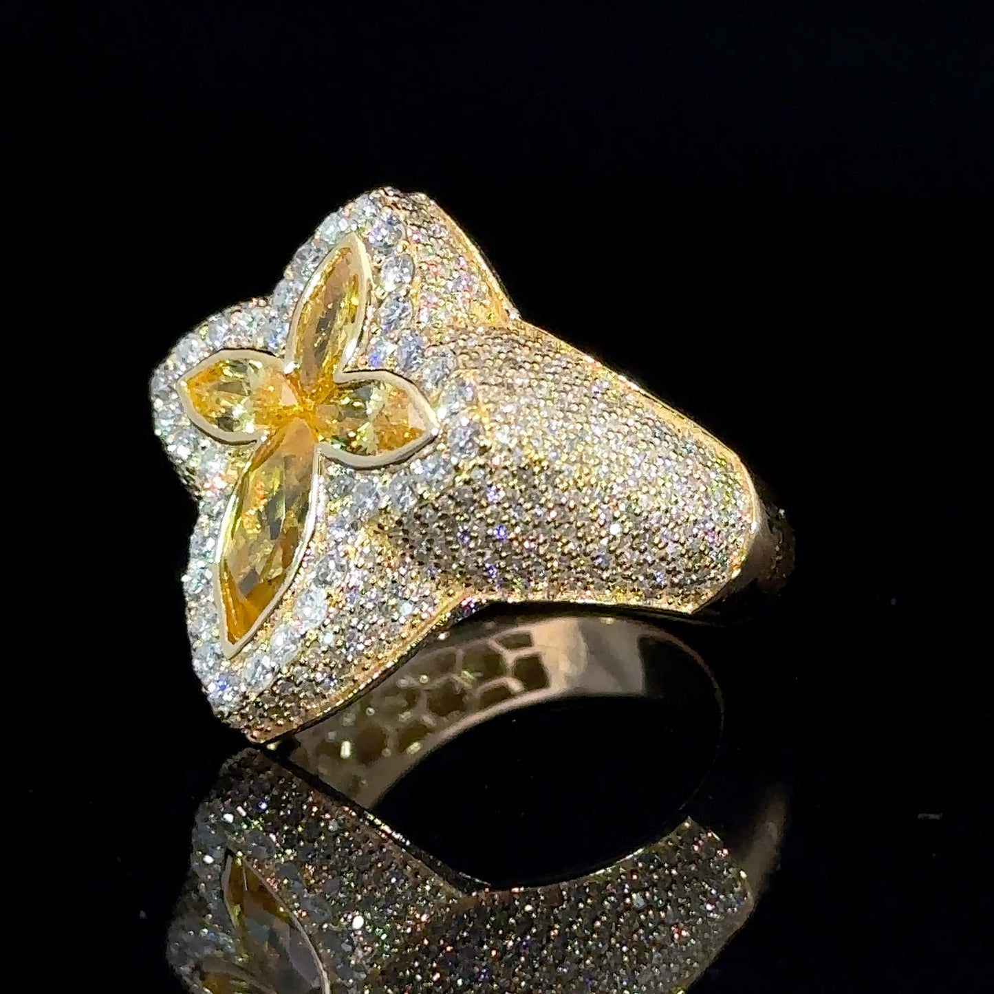 Yellow gold and diamond Cross Ring with Yellow Fancy Pear Cut  Gem Stones