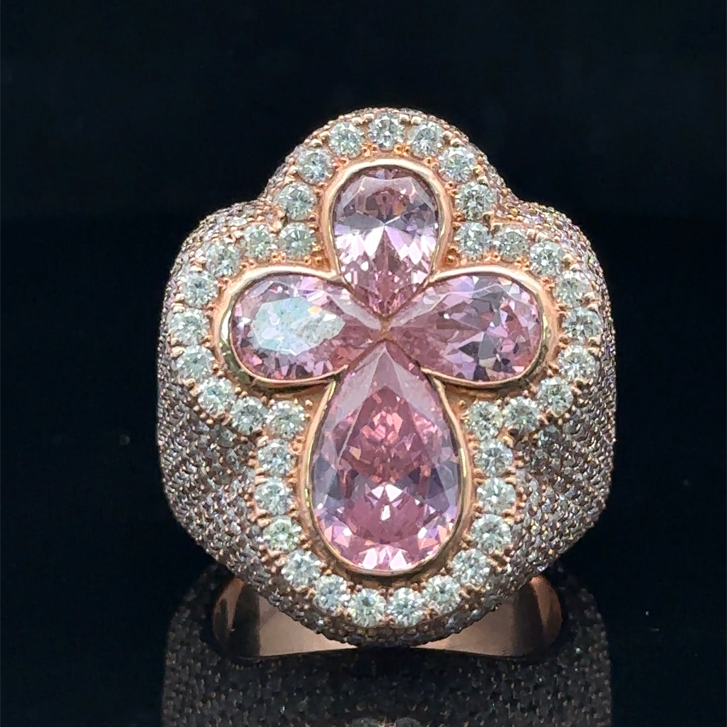Rose gold and diamond Cross Ring with Pink Fancy Pear Cut Colored Stones