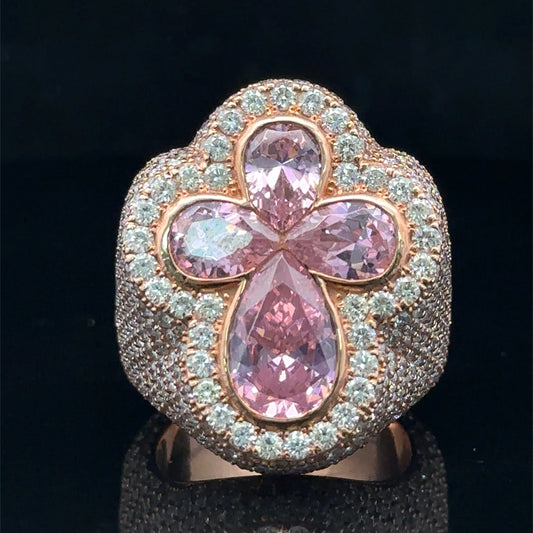 Rose gold and diamond Cross Ring with Pink Fancy Pear Cut Colored Stones