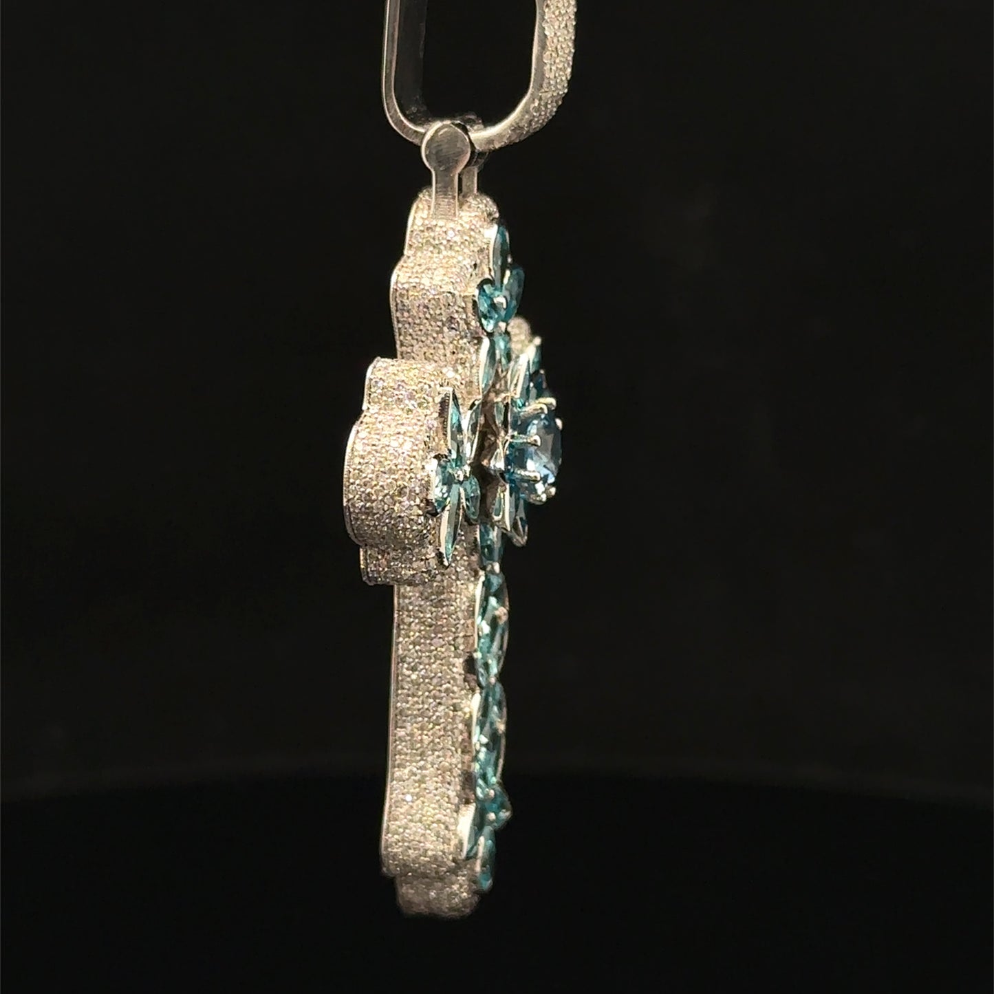 10K White Gold Cross Pendant with Diamonds & Multicolored Stones