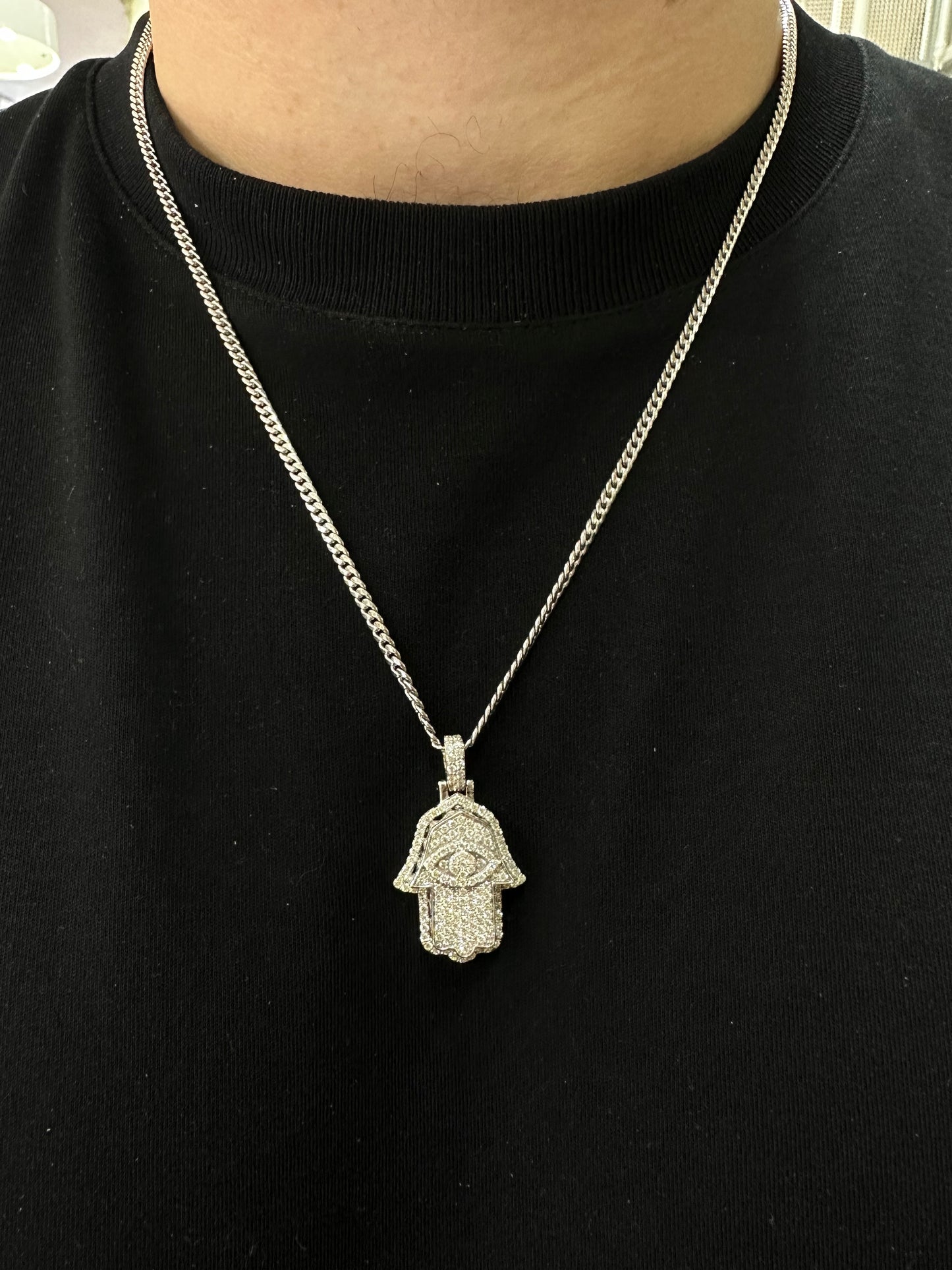 14k white gold and diamond Hamsa pendant and 14k white gold cuban link chain