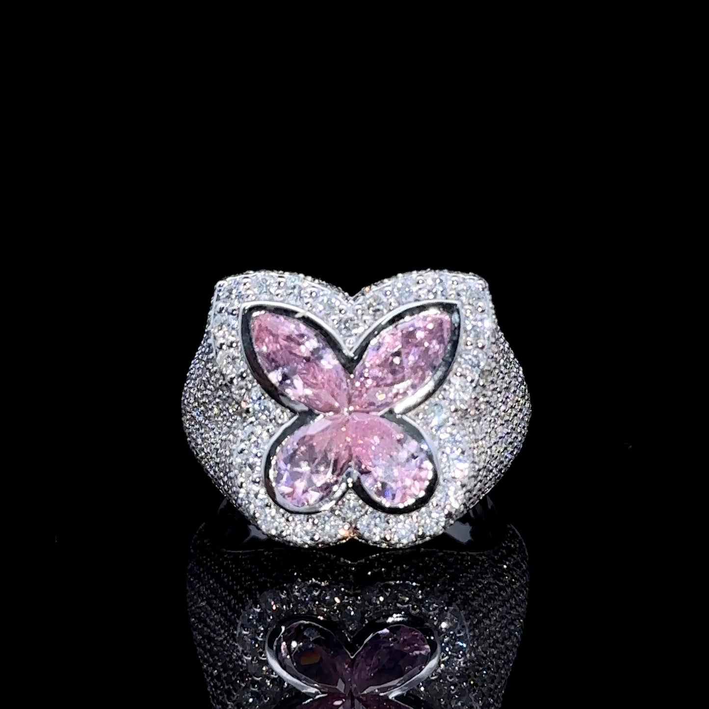 White gold and Diamond butterfly Ring with Pink Fancy Pear Cut  Gem Stones