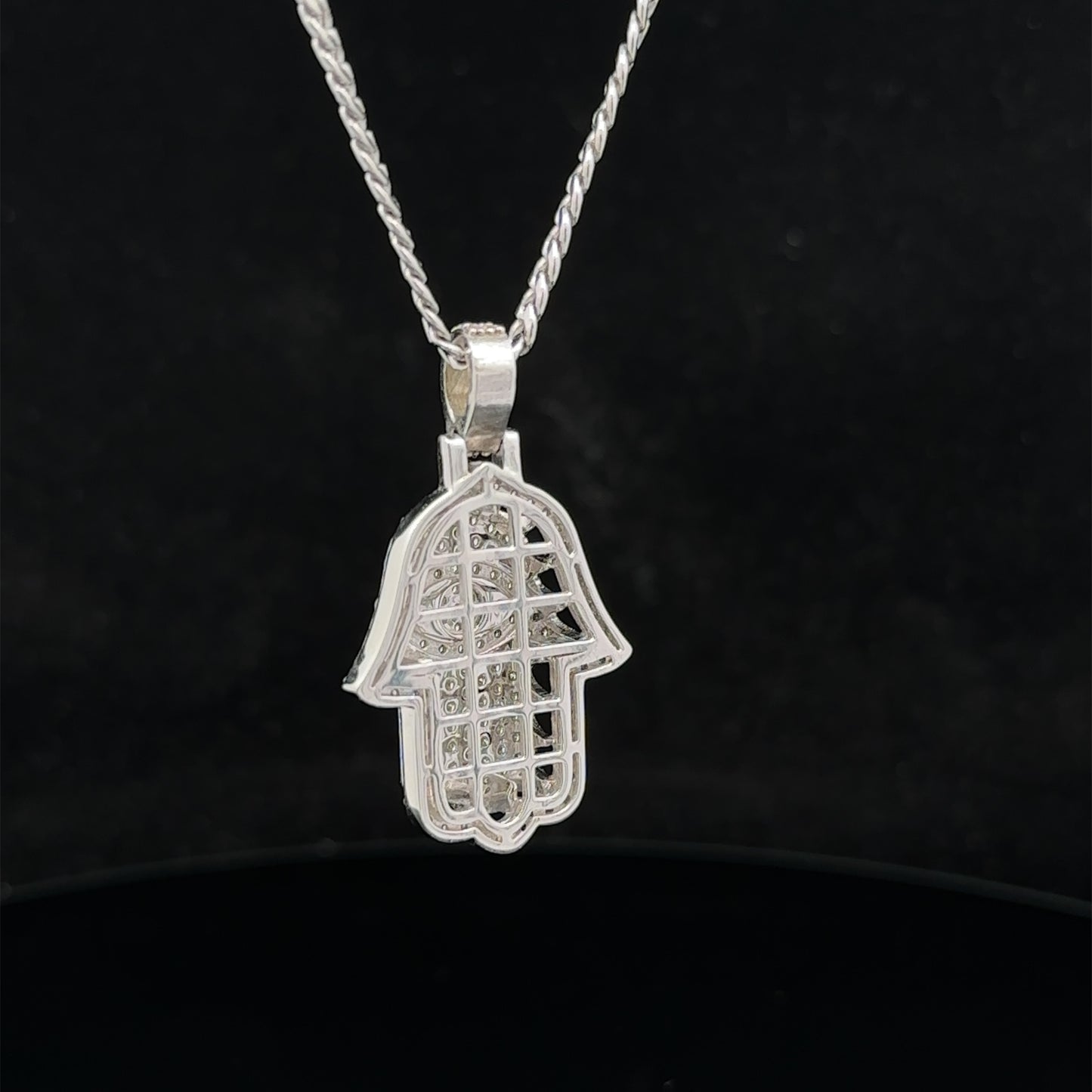 14k white gold and diamond Hamsa pendant and 14k white gold cuban link chain