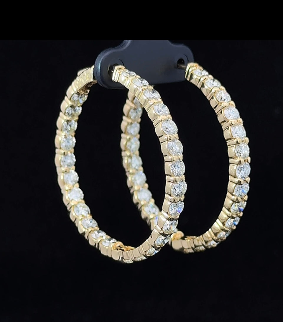 14k Yellow Gold and Diamond Hoop Earrings with High clarity of 9.65ct, 18-19pt Diamonds