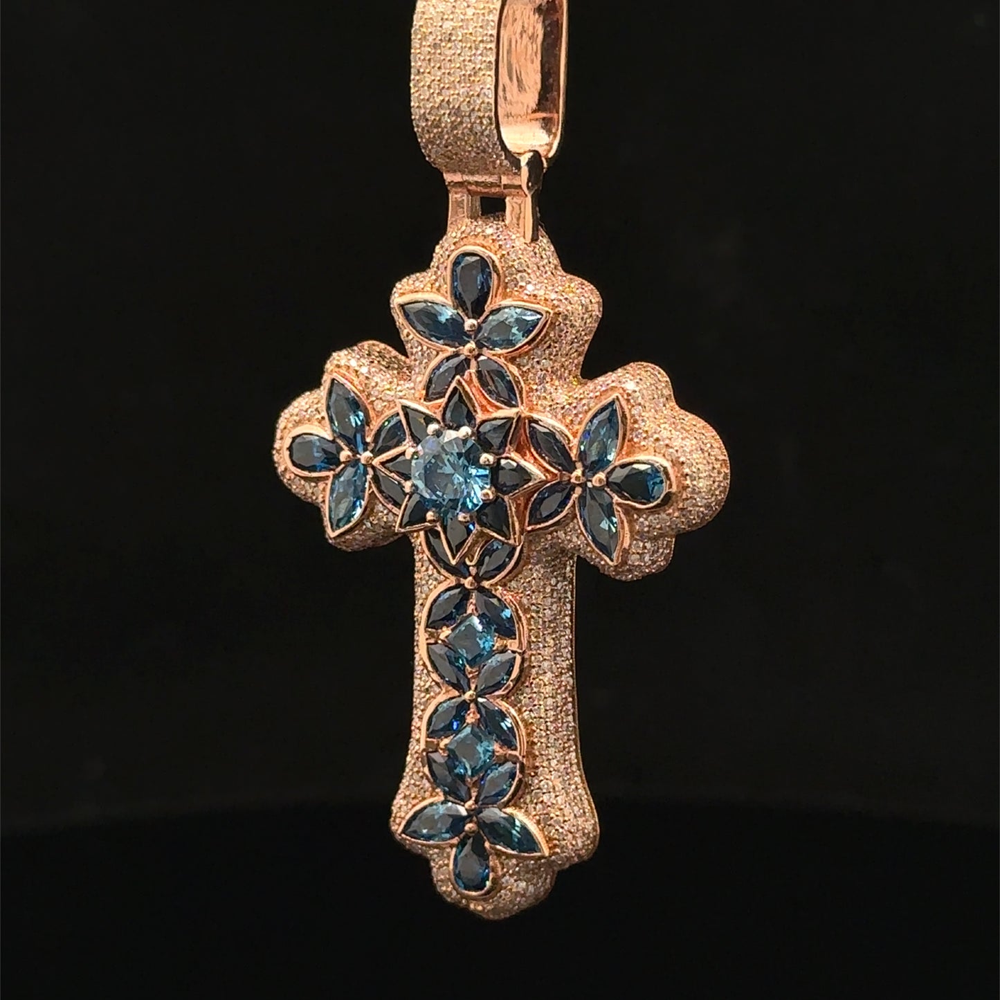 10K Rose Gold Cross Pendant with Diamonds & Multicolored Stones
